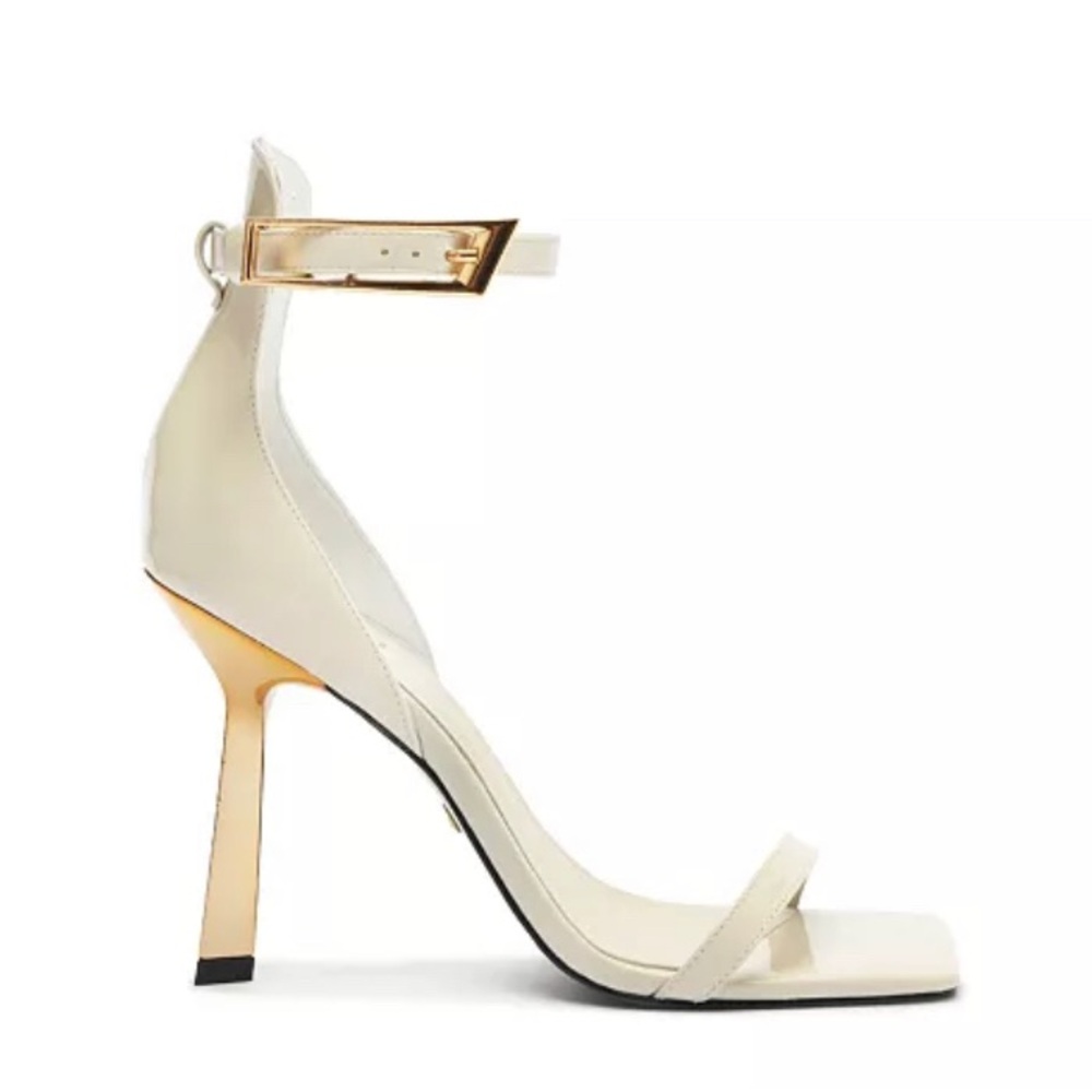SCHUTZ Cream and Gold Strappy Heels with Metallic Stiletto